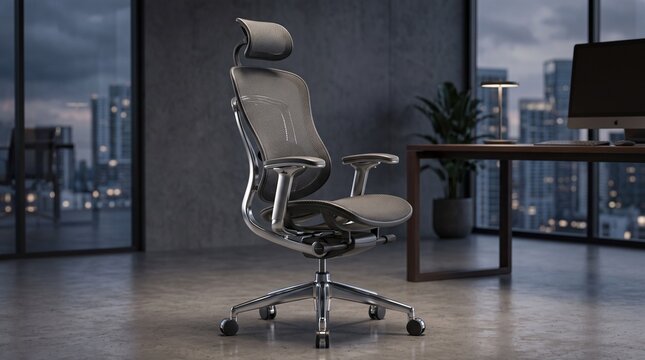Modern ergonomic office chair with mesh back and lumbar support positioned in a minimalist workspace