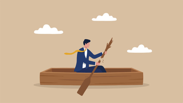 Innovation risk, failing to adapt, outdated technology concept, businessman trying to paddle a flat solid boat with a broken wooden stick, clean minimal flat vector illustration