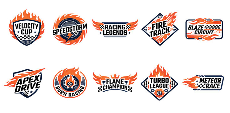 Flame stickers. Racing car flames emblem. Decal for race cars, motorcycles, vehicles. Classic hot rod flame motifs. Fire sport champions patch, team labels. Flammable shape vector set