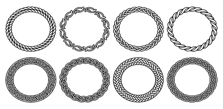 Celtic circle frames. Vintage round border frames with celtic knots, knotted braid ornaments northern Irish motifs. Circular magical patterns vector set