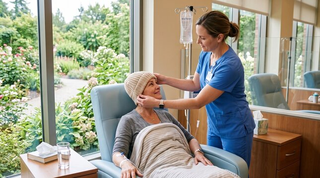 Compassionate nurse adjusting headscarf for a senior female patient undergoing chemotherapy treatment in a hospital clinic.
