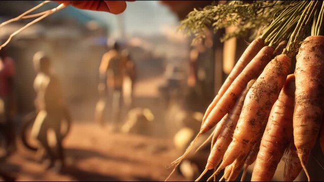 Close-up of a hand selecting a fresh, muddy carrot from a bunch at a busy farmers' market stall