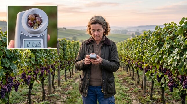 A female winemaker checking the sugar content of grapes in a vineyard at sunrise.