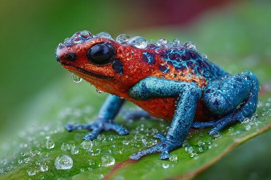 Vibrant poison dart frog with water droplets on a leaf in a lush environment.