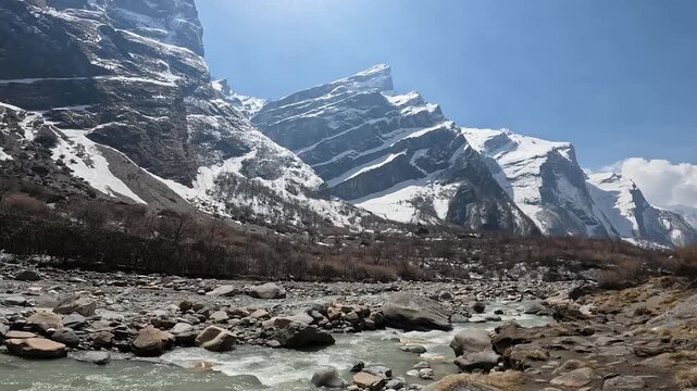 Footage while walking nearly Modi Khola river, the river from glaciers melting in Annapurna Sanctuary of Nepal.