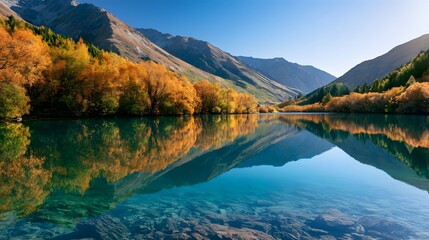 Obraz premium Breathtaking autumn mountain lake with transparent turquoise water and colorful trees