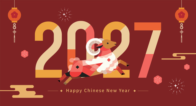 2027 Year of the Goat Banner with Running Geometric Goat and Chinese Festive Decorations