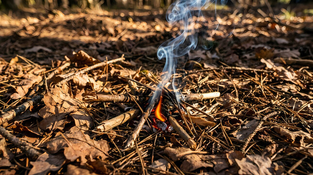 A small campfire burns amidst dry leaves and twigs on a forest floor, with smoke gently rising in the warm sunlight.