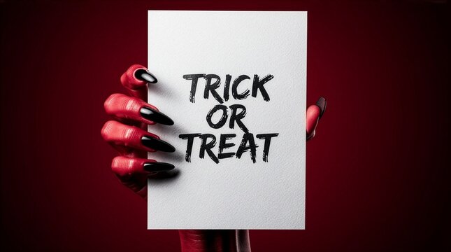 A red monster hand with long glossy black claws holds up a white card featuring bold handwritten Trick or Treat text, set against a dark vignette red background for Halloween theme