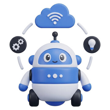 3d icons IoT integration with friendly robot and cloud computing symbols