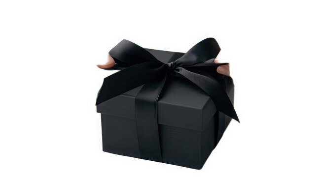 Black gift box with a satin ribbon bow isolated on a white background