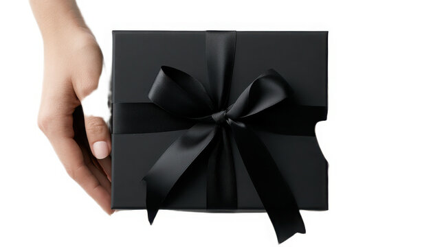Hand holding a premium black gift box with a silk ribbon on a white background