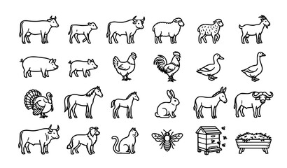 Obraz premium Farm Animals Livestock and Agriculture Outline Vector Icon Collection