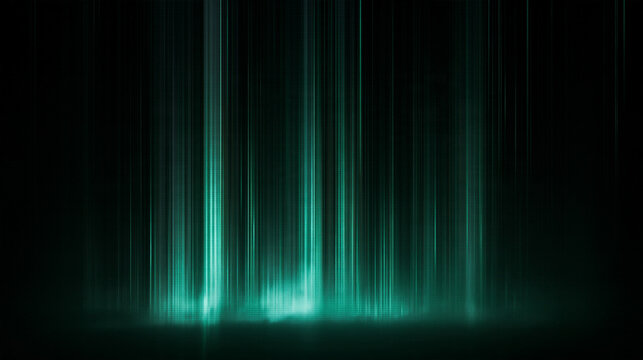 Vertical teal green light streaks glowing on dark black background, abstract neon rain of light lines, soft blurred glowing beams, futuristic digital energy stripes texture for technology overlay