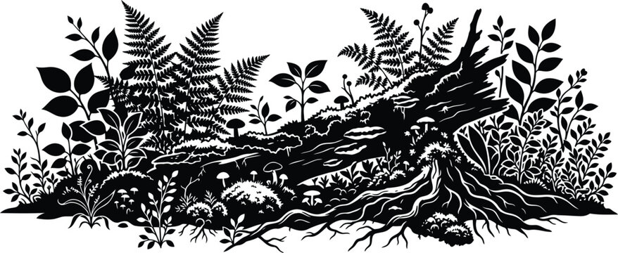 Black and white illustration of a fallen log in the forest