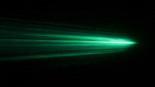 Abstract green light streaks glowing horizontally across dark black background, neon motion speed lines, emerald light leak effect, futuristic energy beam overlay for technology and cinematic design