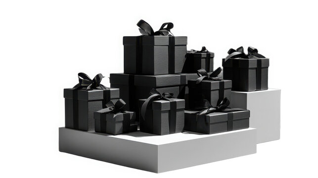 Collection of elegant black gift boxes with ribbons on a white display stand