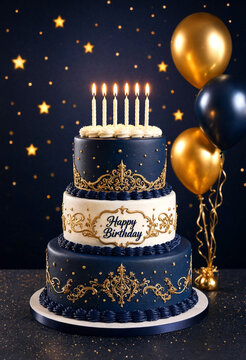 Elegant three tier birthday cake with gold decorations and lit candles