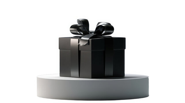 Elegant black gift box with a ribbon on a white pedestal for luxury retail