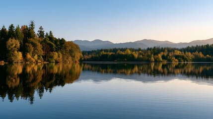 Obraz premium Tranquil autumn lake with colorful forest and distant mountains