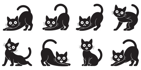 Obraz premium set of playful black cartoon cats in different poses, graphic vector art perfect for children's books or website design elements.