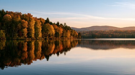 Fototapeta premium Autumn landscape with colorful trees along a tranquil lake reflecting the sunset in the mountains