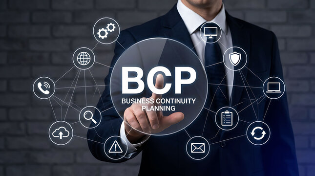 Businessman pointing at digital BCP business continuity planning interface icon