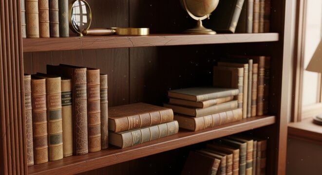 Classic Vintage Wooden Bookshelf Filled With Antiquarian Leather Bound Hardcover Literature Volumes in a Library Setting