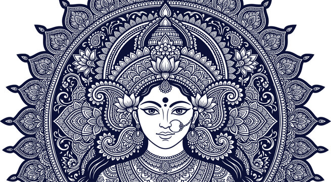 Intricate Vector Illustration of Hindu Goddess Durga with Detailed Mandala Background - Spiritual Indian Art for Navratri, Diwali, and Yoga - Beautiful Navy Blue and White Design