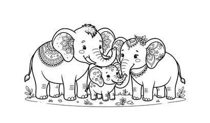 Cute Elephant Family Coloring Page – Adorable Elephants with Floral Mandala Decorations © MDBABULU