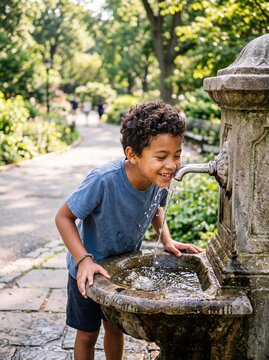 Mixed-ethnicity boy drinking fresh water from park fountain