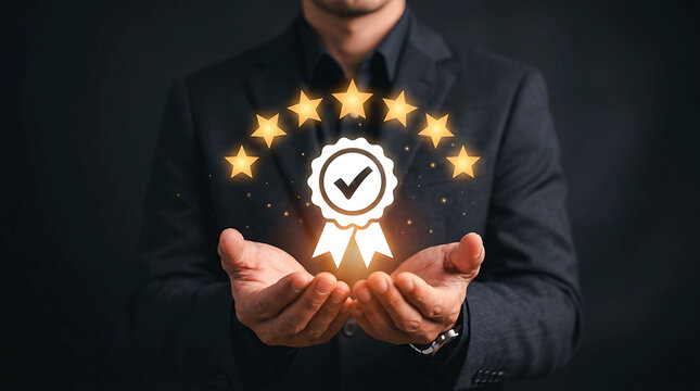 Businessman holding quality guarantee icon with stars for customer satisfaction