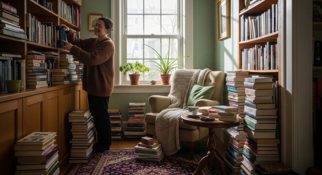 A Person Organizing a Private Home Library Filled with Stacks of Books in a Cozy Sunlit Reading Room with a Comfortable Armchair and Window View