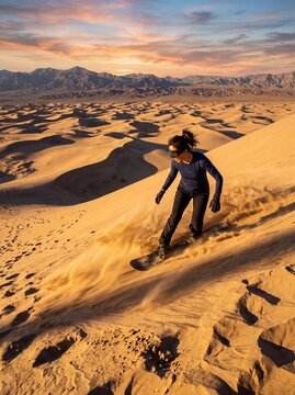 Active East Asian Woman Sandboarding on Golden Dunes