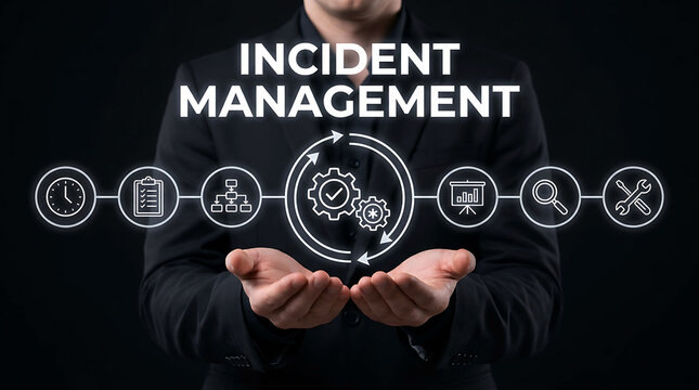 Businessman presenting digital incident management and IT service workflow icons