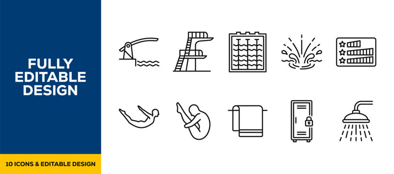 Public swimming pool and outdoor aquatic sports center line icon set featuring diving board pool ladder lane lines lifeguard chair and shower vector icons