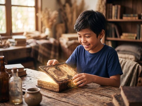 Cheerful Southeast Asian Boy Opening Glowing Magic Codex