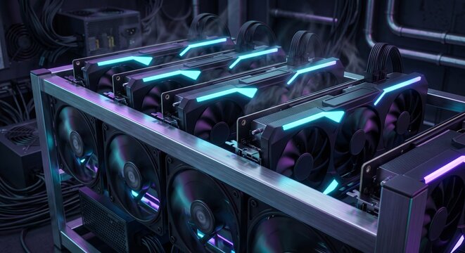 Cryptocurrency Mining Rig with Multiple Graphic Cards GPU for Bitcoin and Ethereum Farm