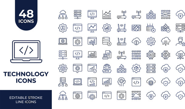 Technology and programming line icons set with editable stroke vector symbols for digital development