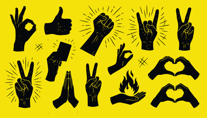 Set of hand gestures and signs in black silhouette style on a yellow background © shshuvox