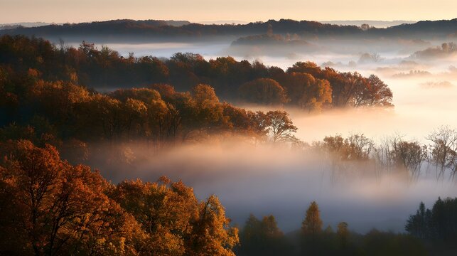 Autumn forest and rolling hills covered in morning fog at sunrise