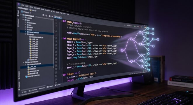Ultrawide computer monitor displaying software code with glowing neural network artificial intelligence hologram