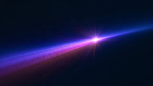 Bright purple and blue lens flare with a glowing star burst of light on a deep dark navy background, abstract cosmic light effect with copy space for technology, science and space themed designs