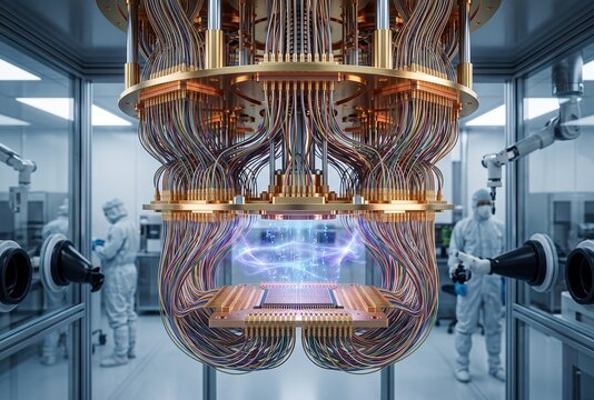 Advanced quantum computer hardware with glowing processor chip and scientists in laboratory cleanroom