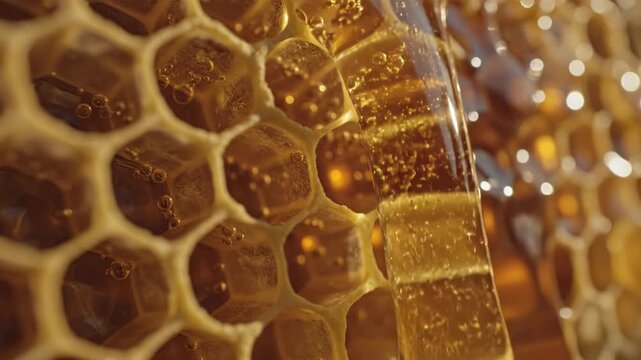 Extreme macro shot of hexagonal beeswax cells in a natural honeycomb filled with fresh viscous golden honey and nectar with tiny air bubbles visible under warm studio lighting