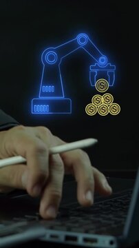 Businessman hand holding stylus pen beside laptop vertical shot with glowing robotic arm stacking coins. Automated algorithmic investment finance, robotic process wealth accumulation idea concept.
