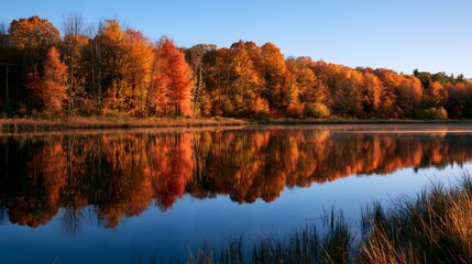 Obraz premium Autumn forest with vibrant fall foliage reflecting in a calm lake at sunrise