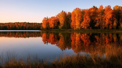 Obraz premium Scenic autumn landscape with colorful trees mirroring on a quiet lake surface