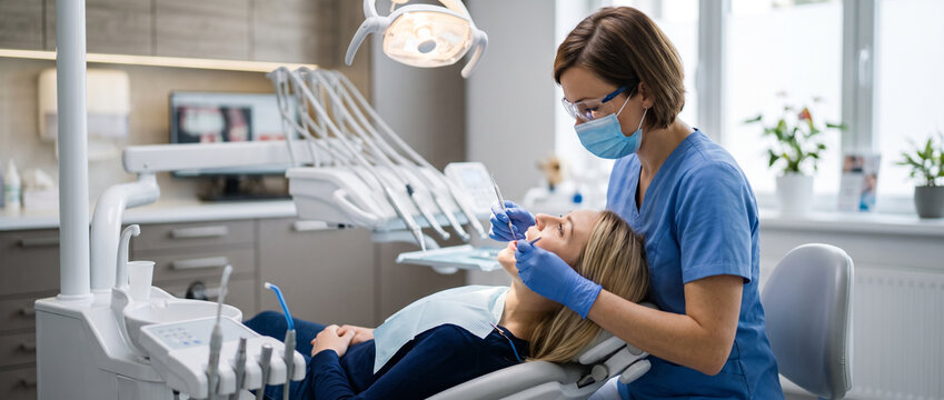 Dental hygienist performs professional teeth cleaning on adult patient, supporting oral health, preventive dentistry, dental hygiene and routine patient care in modern clinic.