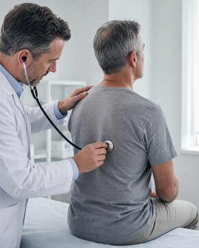 Pulmonologist examines adult patient&rsquo;s breathing with stethoscope, supporting lung health, respiratory assessment, diagnosis, preventive healthcare and professional pulmonary care.